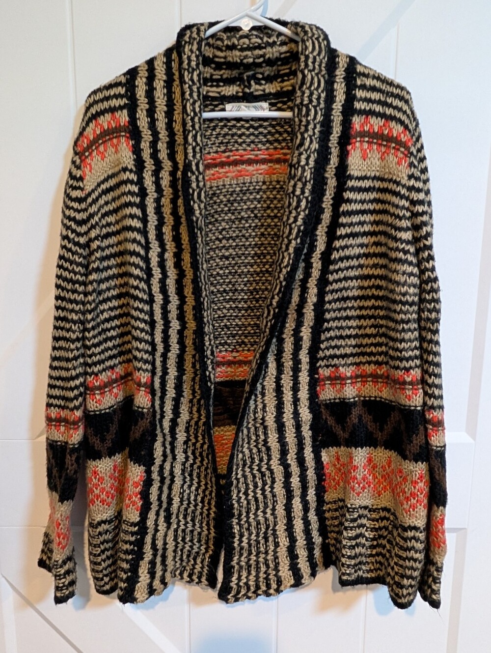 Pink Rose Black and Cream Patterned Open Cardigan with Coral Accents